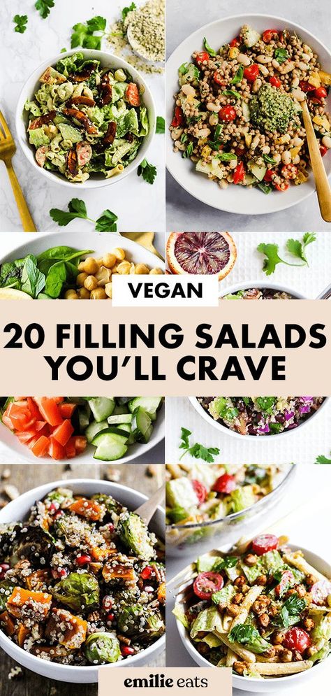 Say no to sad salads! These 20 filling salad recipes will keep you satisfied. All of these vegan salads are full of fresh flavors and healthy plant-based protein! Protein Salad Vegetarian, Best Vegan Salads, Protein Salad Recipes, Filling Salad Recipes, Salad Jar Recipe, Vegan Pasta Salad, Power Salad, Healthy Vegetarian Dinner, Vegetarian Salad Recipes