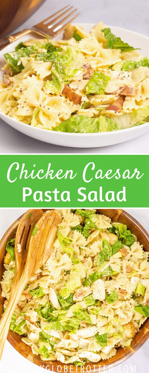 We love serving this chicken caesar pasta salad recipe for potlucks and summer barbecues! It's filled with romaine lettuce, croutons, bacon, leftover chicken, all in a creamy caesar dressing! #gayglobetrotter #caesarpastasalad #pastasalad #chickencaesar #chickencaesarpastasalad Lettuce And Pasta Salad Recipes, Meals With Romaine Lettuce, Romaine Pasta Salad, Romaine Lettuce Recipe Ideas, Leftover Lettuce Recipes, Romain Lettuce Recipes, Salad Recipes Ceasar, Salad With Pasta And Lettuce, Recipes With Romaine Lettuce