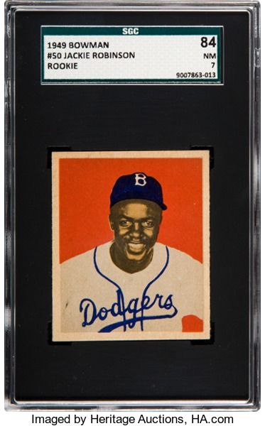 Baseball Cards:Singles (1940-1949), 1949 Bowman Jackie Robinson #50 SGC 84 NM 7.... Hot Baseball Players, Bill Bryson, Old Baseball Cards, Baseball Hall Of Fame, Baseball Trading Cards, Sports Card, Jackie Robinson, Collectible Trading Cards, Robin Bird