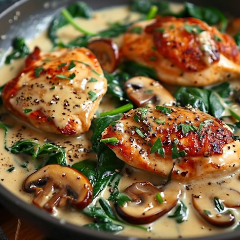 Chicken with Spinach and Mushrooms in Creamy Parmesan Sauce - Grammy Recipes Chicken With Mushrooms Healthy, Creamy Chicken Spinach Mushroom Recipes, Mushroom Spinach Chicken Recipes, Chicken With Spinach And Mushrooms In Creamy Parmesan Sauce, Chicken And Mushrooms In Cream Sauce, Creamy Spinach Mushroom Chicken, Grilled Chicken With Mushrooms, Chicken Spinach Mushroom Recipes, Mushrooms Spinach Recipes