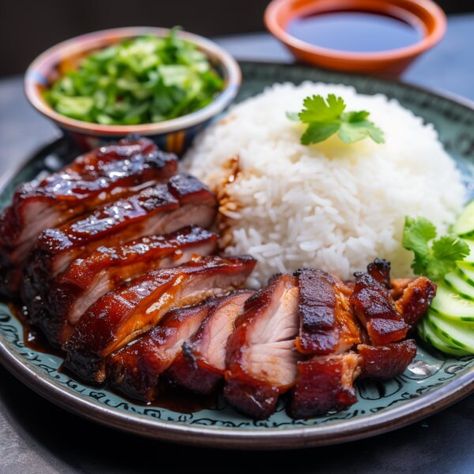 Char Siu is a flavorful Chinese barbecue pork that's tender, slightly sweet, and has a beautiful red color. It's made by marinating and roasting or grilling pork. Char Siu Duck, Pork Boa, Food Photography Chinese, Char Siu Pork Belly, Chinese Crispy Pork, Char Siu Recipe, Pork Belly Recipes Crispy, Chinese Food Restaurant, Asian Bbq