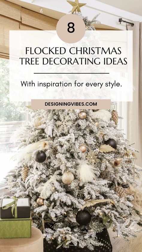 flocked christmas tree decorating ideas Flocked Artificial Christmas Tree, How To Flock An Artificial Tree, How To Decorate A Flocked Christmas Tree, Flocked Christmas Tree Ideas, Silver And Gold Christmas Tree, Snow Flocked Christmas Tree, Burlap Trees, Christmas Tree Decorating Ideas, Tree Decorating Ideas