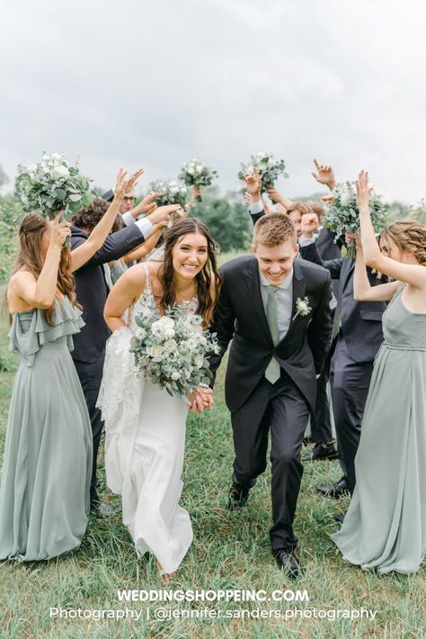 When you're choosing your wedding colors, it may be helpful to consider the season and venue. The sage and neutral tone colors complement this outdoorsy wedding set at an apple orchard. Wedding Dress | Mori Lee Venue | @olivebranchfarm_weddings Sage Green Bridesmaid Dresses With Grey Suits, Green And Gray Wedding Theme, Grey Wedding Theme, Outdoorsy Wedding, Apple Orchard Wedding, Hairstyles Bride, Mori Lee Wedding Dress, Gorgeous Bridesmaid Dresses, Sage Bridesmaid Dresses