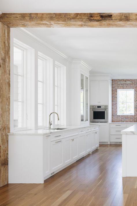 White Shiplap Ceiling With Wood Beams, White And Wood Ceiling, Beam Separating Kitchen And Living Room, Kitchen Beams Ceiling, Beam Between Kitchen And Living Room, Kitchen With Beams On Ceiling, Interior Wood Beams, Exposed Beams In Kitchen, Ceiling Beam Ideas