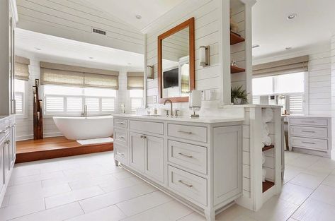 Room, Furniture, Property, White, Cabinetry, Interior design, Bathroom, Floor, Building, Drawer, Double Vanity Master Bath, Bathroom Sink Double, Vanity Master Bath, Bathroom Island, Beach Style Bathroom, French Country Bathroom, Big Bathrooms, Apartment Bathroom, Trendy Bathroom