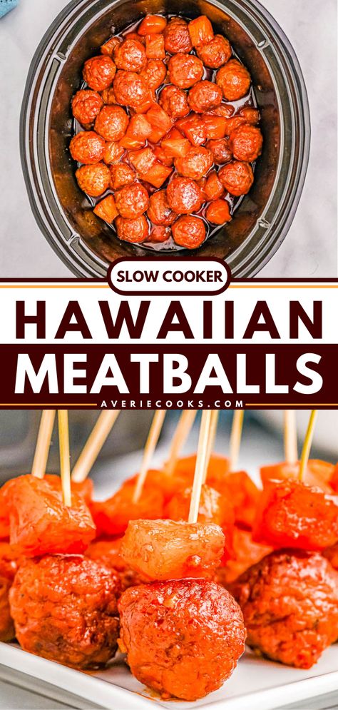 Slow Cooker Hawaiian Meatballs - Averie Cooks Hawaiian Meatballs Crockpot, Slow Cooker Hawaiian Meatballs, Hawaiian Meatballs, Crockpot Appetizers, Bbq Meatballs, Hawaiian Bbq, Appetizer Meatballs, Meatball Recipes Easy, Crock Pot Meatballs