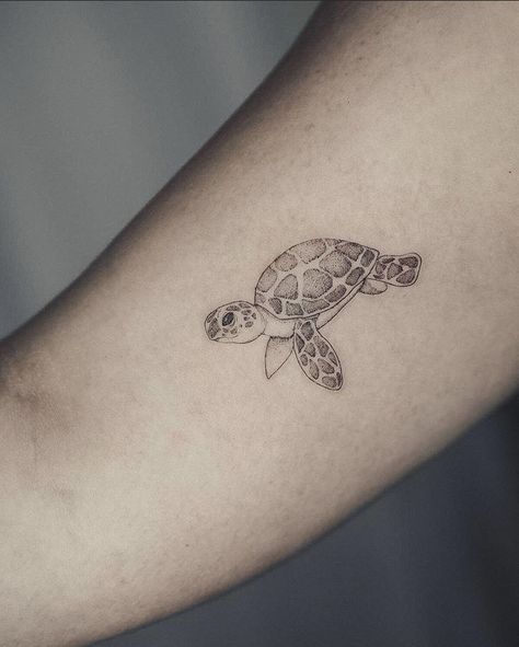 Forearm Tattoo Women Sea Turtle, Small Sea Turtle Tattoo Ankle, Minimalist Hawaiian Tattoo, Tiny Sea Turtle Tattoo, Small Sea Turtle Tattoos For Women, Turtle Tattoo Minimalist, Land Turtle Tattoo, Mini Turtle Tattoo, Sea Turtle Tattoo Simple