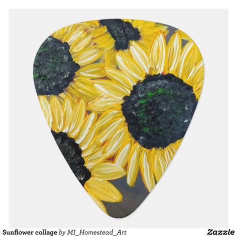 Guitar Pick Painting Ideas, Ukulele Decoration, Sunflower Guitar, Guitar Pick Art, Guitar Paintings, Sunflower Collage, Painted Ukulele, Guitar Plectrum, Ukulele Art