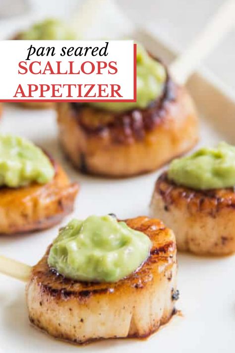 Scallops Appetizer, Scallop Appetizer, Fancy Appetizers, Pan Seared Scallops, Wedding Appetizers, Elegant Appetizers, Seared Scallops, Honey Dijon, Avocado Sauce