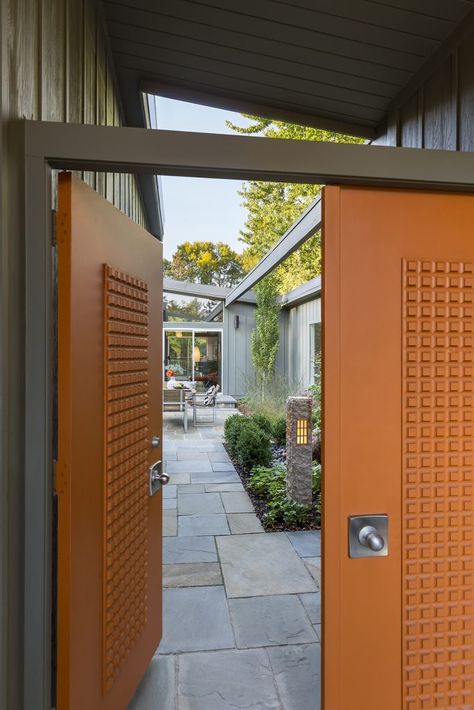 Mid Century Driveway Gate, Mid Century Atrium Entry, Mid Century Pavers, Mid Century Front Courtyard, Mid Century Modern Courtyard Ideas, Mid Century From Door, Mcm Front Courtyard, Mid Century Modern Entrance Door, Mid Century Modern French Doors