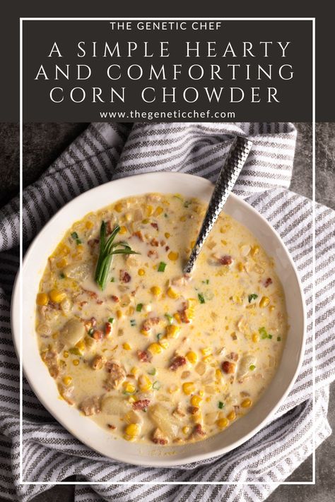 A simple hearty and comforting corn chowder that’s warm, filling, and delicious. This is a creamy, thick, and flavorful soup. Crispy bits of bacon offer the perfect level of saltiness and a few snips of shallots bring the slightest hint of onion for every bite - not to mention a touch of color. #cornchowder #corn #chowder #soups | @thegeneticchef Hearty Corn Chowder, White Soup Recipes, Something Different For Dinner, Corn Chowder Soup, Drink Recipies, Carmelized Onions, White Soup, Chowder Soup, Winter Soups