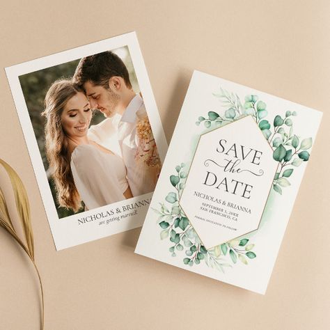 Watercolor Greenery Eucalyptus Elegant Photo Save The Date Save The Date Watercolor, Wedding Boho Chic, Sage Green Leaves, Pastel Garden, Rustic Wedding Save The Dates, Gold Save The Dates, Wedding Announcement Cards, Boho Nature, Cards Watercolor