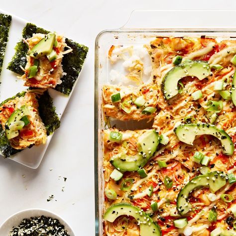 Sushi Bake Sheet Pan Sushi, California Roll Sushi Bake, Sushi Bake With Shrimp, Easy Sushi Bake, Salmon Sushi Bake, Tempura Flakes, Kewpie Mayo, Sushi Bake, Kewpie Mayonnaise