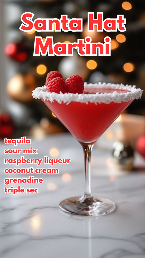 A red cocktail in a martini glass, the rim is coated with coconut flakes and garnish with a raspberry. Place in a white marble countertop with christmas decoration background Drinks To Make With Alcohol, New Year Margarita, Xmas Martini Recipes, Best Christmas Alcoholic Drinks, Seasonal Martinis, Mixed Drinks Alcoholic Christmas, Christmas Drink Recipes Alcoholic, Red Drink Recipes, Christmas Martini Holiday Drinks