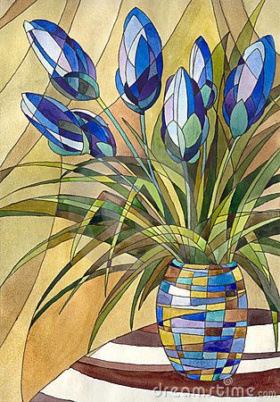 Decorative painting. Abstract flowers in a vase with geometric pattern Landscape Mosaic, Flowers In A Vase, زجاج ملون, Mosaic Flowers, Stained Glass Flowers, Art Stained, Plant Drawing, Tile Murals, Glass Flowers