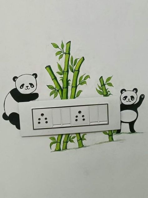 Wall Painting Ideas Hostel Room, Panda On Switchboard, Hostel Room Painting Ideas, Panda Painting On Wall, Panda Switch Board Art, Painting Ideas On Switchboard, Switchboard Paintings, Wall Painting Ideas Switch Board, Panda Wall Painting