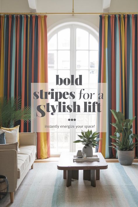 Living room with bold striped curtains in blue, orange, and yellow, adding vibrant energy to a modern decor setup. Art Deco Curtains, Curtain Styles, Striped Curtains, Modern Curtains, Bold Stripes, Orange And Yellow, Curtains Living Room, Window Coverings, Blue Orange