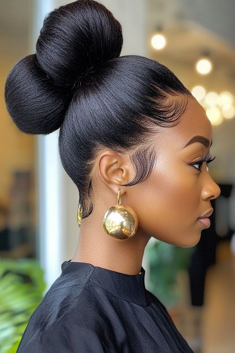 Black Bride Low Bun Hairstyles, Black Bun Hairstyles, Weave Bun For Black Women, Top Knot Bun Black Women, Buns For Black Women, Up Do Hairstyles For Black Women, Low Bun With Braid, High Bun Hairstyles For Black Women, Low Bun Hairstyles For Black Women