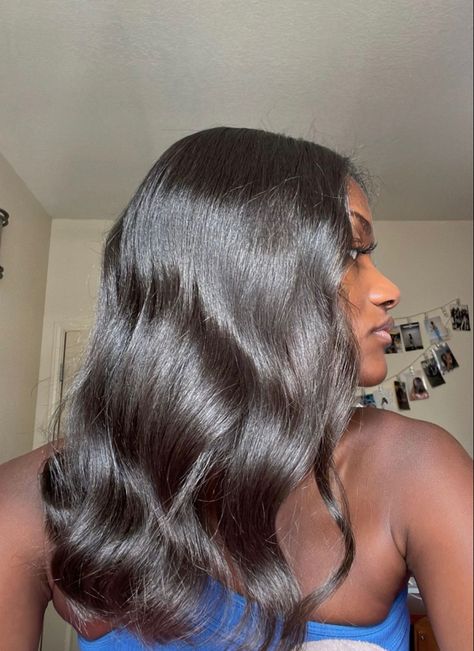 Medium Length Hair Silk Press, Silk Press Natural Hair Long Layers, Black Silk Press, Silk Press On Thick Hair, Thick Hair Silk Press, Silk Press With Curls, Long Hair Black Women Silk Press, Long Relaxed Hair, Healthy Black Hair