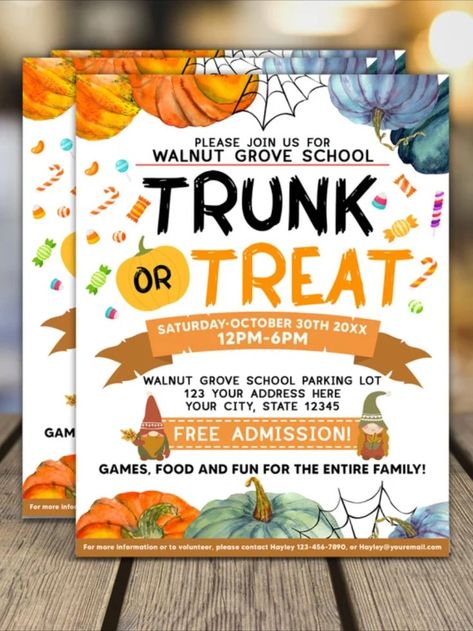 Trunk-or-treat events have become a popular alternative to traditional trick-or-treating. Use this cute editable template to promote your trunk or treat event. Works great as a school, community, or church fall fundraiser flyer! This design is ready and all you have to do is enter your content in the flyer template! Church Trunk Or Treat, Trunk Or Treat Flyer, Church Trunk, Halloween Party Invite, Halloween Invite, Fundraiser Flyer, Invitation Halloween, Party Template, School Community