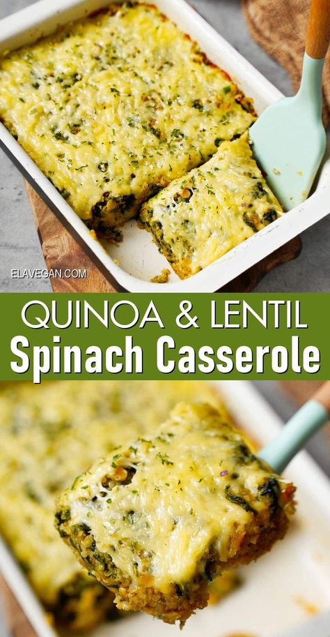 This spinach casserole with quinoa (or rice), lentils, and vegan cheese is creamy, cheesy, and comforting, yet super wholesome and loaded with vitamins, minerals, fiber, and plant-based protein - perfect for serving with just about any meal! Casserole With Rice, Vegan Casserole Recipes, Ella Vegan, Lentil Casserole, Rice Lentils, Lentils And Quinoa, Spinach Bake, Quinoa Spinach, Spinach Casserole