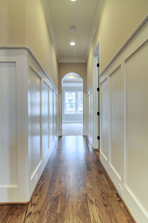 Master Hall, Judges Paneling, Arched Door Opening, Hardwoods. Dining Room Judges Paneling, Farmhouse Finishes, Edwardian Hallway, Judges Paneling, Unicorn House, Paneling Ideas, Entryway Stairs, Master Suite Bathroom, Trim Options