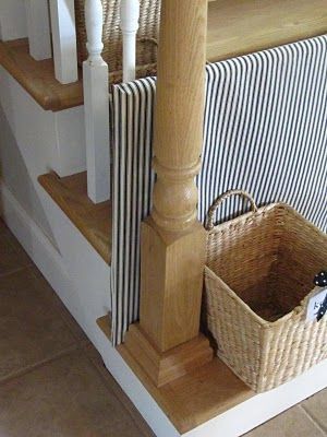 PVC Gate and Stair Baskets Too. Need some sort of gate for our stairs going down. We have similar spindles, and no good way to anchor a gate at the top of the steps. Dog Gates For Stairs, Diy Dog Gate, Stair Basket, Baby Gate For Stairs, Diy Baby Gate, Dog Gates, Open Trap, Stair Gate, Pet Stairs