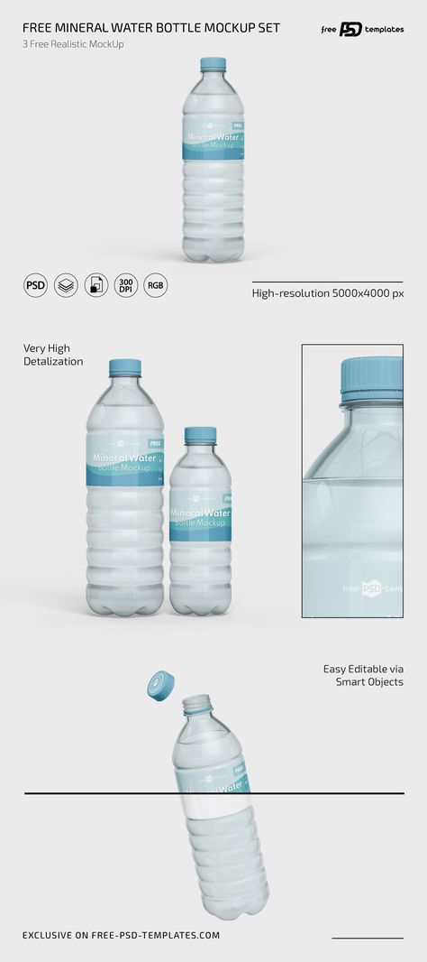 Thanks to this free mockup, you can easily create a compelling representation of your mineral water brand. Mineral Water Branding, Water Bottle Mockup Free Psd, Mineral Water Brands, Water Bottle Mockup, Mineral Water Bottle, Water Branding, Psd Template Free, Mineral Water, Bottle Mockup