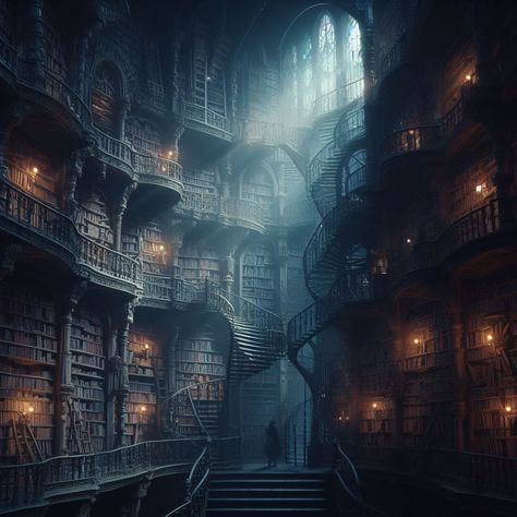 Cave Library, Dnd Library, Fantasy Underground Ruins, Underground Castle Fantasy Art, Ruined Library Fantasy Art, Underground Temple Fantasy Art, Endless Library Fantasy Art, Futuristic City Utopia, Dream Library