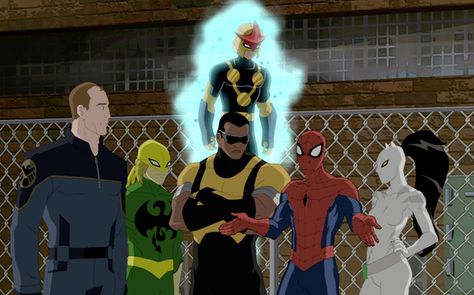 The team. | 10 Reasons You Should Be Watching "Ultimate Spider-Man" Team 10, White Tiger Spiderman, Spider Man The New Animated Series, Ultimate Spiderman White Tiger, Peter Parker Ultimate Spiderman, Mark Bagley Ultimate Spiderman, Marvel Comics Drawing, Spider Man Series, Marvel Nova