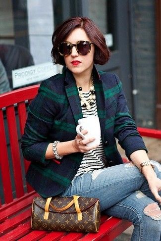 Women's Navy and Green Plaid Blazer, White and Black Horizontal Striped Crew-neck T-shirt, Blue Ripped Skinny Jeans, Dark Brown Print Leather Clutch Green Plaid Blazer, Plaid Blazer Outfit, Tartan Blazer, Magazine Editor, Wardrobe Consultant, Blazer Outfit, Plaid Outfits, Blazer Outfits, Plaid Blazer