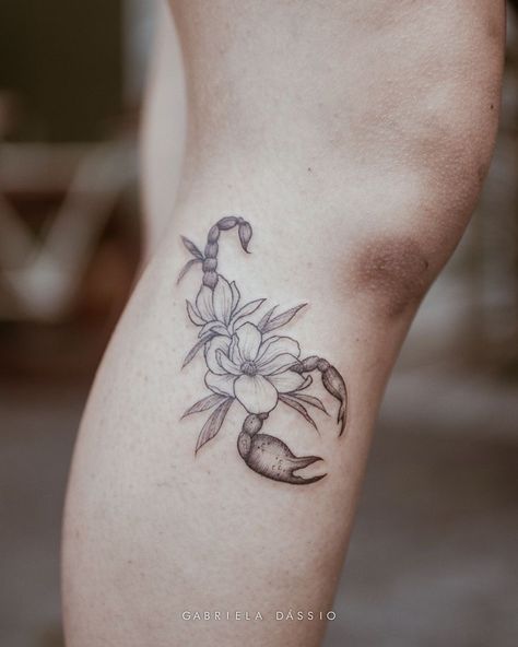 Floral Scorpio Tattoo, Scorpio Sign Tattoos, Scorpio Zodiac Tattoos, Horoscope Tattoos, Tattoo Time, Scorpio Tattoo, Scorpion Tattoo, Hip Tattoos Women, Bff Tattoos