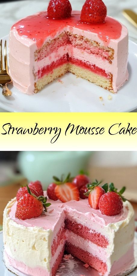 Strawberry Mousse Cake with a Twist - A Sweet and Tangy Delight! Pinterest Description: Indulge in the vibrant flavors of a classic Strawberry Mousse Cake with a twist! This delightful dessert features layers of light sponge cake filled with luscious strawberry mousse and topped with fresh berries. Perfect for any occasion, this cake is a sweet-tart treat that will satisfy your cravings. #StrawberryMousseCake #BakingFun #SweetTreats #DessertRecipe #FreshStrawberries #HomemadeCakes Strawberry Layer Cake Recipe, Strawberry Mousse Cake Filling, Moose Dessert, Strawberry Charlotte Cake, Mousse Cake Filling, Strawberry Mousse Filling, Dessert Favorites, Berry Cake Recipe, Strawberry Mousse Cake