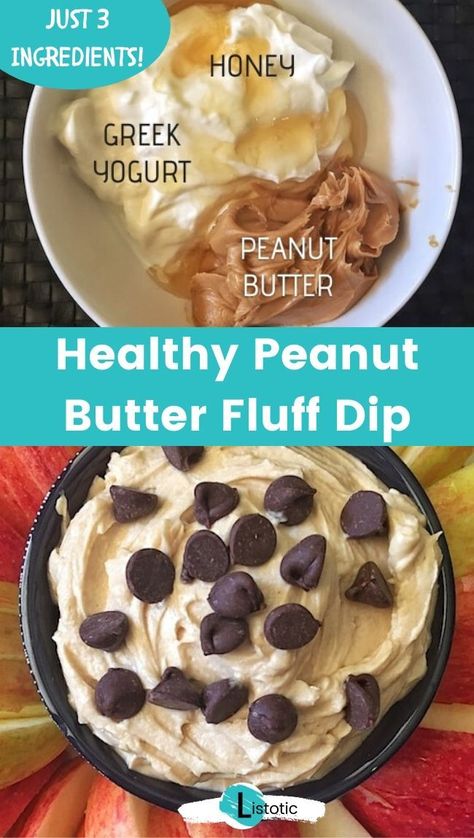 Healthy peanut butter fluff dip made with three simple ingredients. Perfect snack for anybody looking to eat healthier! Tasty dip that can be made with three delicious ingredients, and topped with chocolate chips, peanut butter chips, or even Heath pieces. Make this super light and fluffy dip with just Greek yogurt, peanut butter, and honey. The perfect appetizer for a party, or just for snacking at home with your family! Click on the pin to see the full recipe on Listotic! #food #recipe Peanut Butter Fluff Dip, Peanut Butter Fruit Dip, Peanut Butter Fluff, Fluff Dip, Greek Yogurt And Peanut Butter, Peanut Butter Dip, Healthy Protein Snacks, Greek Yogurt Recipes, Protein Desserts