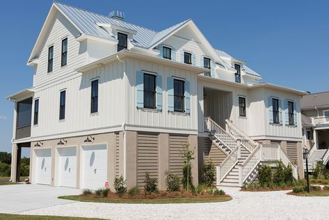 mccalls_landing_front-left_photo_01 Raised Houses, Vision List, Beach Exterior, Elevated House Plans, Coastal Houses, Coastal Home Plans, Elevated House, Pier House, Coastal House Plans