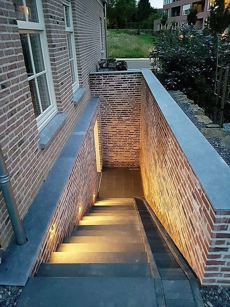 Built In House Ideas, Exterior Stairs To Basement, Exterior Basement Stairs, Basement Entrance Outdoor, Exterior Basement Entrance, Basement Walkout Ideas, Basement Steps Ideas, Basement Exterior, Carpet On Stairs