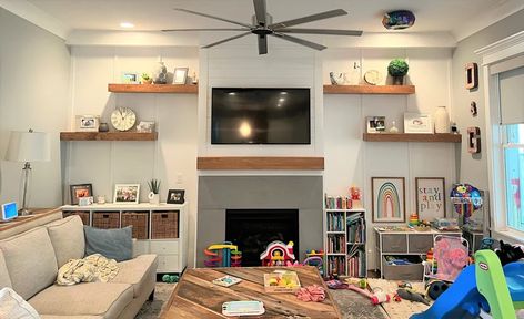 Fireplace With Floating Shelves On Sides, Floating Shelves Fireplace, Fireplace Mantle Wood, Mantle Beam, Mantle Wood, Floating Shelf Mantle, Beam Fireplace, Beam Mantel, Shelf Mantle