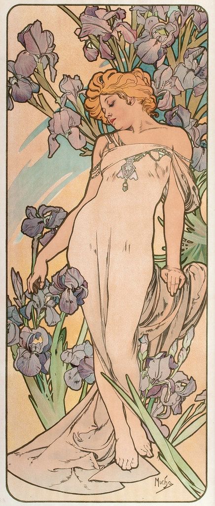 Alphonse Mucha "Les Fleurs-The Iris" 1898 Fleurs Art Nouveau, Alfons Maria Mucha, Art Nouveau Mucha, Motifs Art Nouveau, Illustration Art Nouveau, Alphonse Mucha Art, Mucha Art, Alfons Mucha, Art Nouveau Illustration