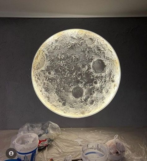 Moon On Wall Decor, Moon Wall Decoration, Wall Moon Decor, Moon Wall Design, Moon In Room, Moon On Wall, Moon Texture Art, Moon Interior, Moon Bedroom