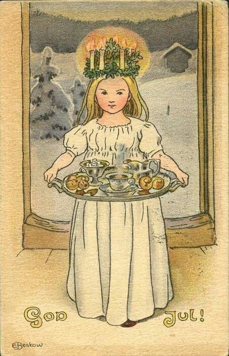 Traditional Swedish Christmas Food - Find a Swede - Swedish Genealogy Santa Lucia Day, St Lucia Day, Images Noêl Vintages, Swedish Christmas, Vintage Christmas Images, Scandinavian Folk Art, Santa Lucia, Alphonse Mucha, Christmas Past