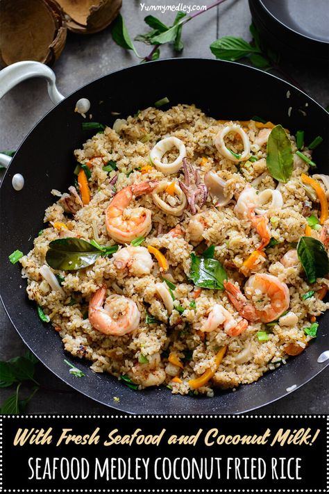 This Seafood Medley Coconut Fried Rice recipe also known in Nigeria as fisherman's rice is a delicious  Nigerian coconut fried rice made with fresh coconut milk and fresh seafood medley of shrimp, calamari and crabs from the day's catch. via @yummymedley Seafood Medley Recipes, Coconut Fried Rice, Seafood Fried Rice, Seafood Medley, Seafood Rice, Seafood Mix, Fried Rice Recipe, Fresh Seafood, How To Cook Shrimp