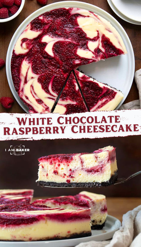 White Chocolate Raspberry Cheesecake is a creamy white chocolate cheesecake with swirls of raspberry sauce, all baked on top of an Oreo cookie crust. It is as good, if not better than the cheesecake served at Olive Garden restaurants! It is the perfect blend of raspberry tartness and white chocolate richness in every indulgent bite. Raspberry Cake Filling, Raspberry Swirl Cheesecake, White Chocolate Raspberry Cheesecake, Chocolate Raspberry Cheesecake, Oreo Cookie Crust, Birthday Things, Coconut Cheesecake, Delish Desserts, Cream Cheesecake