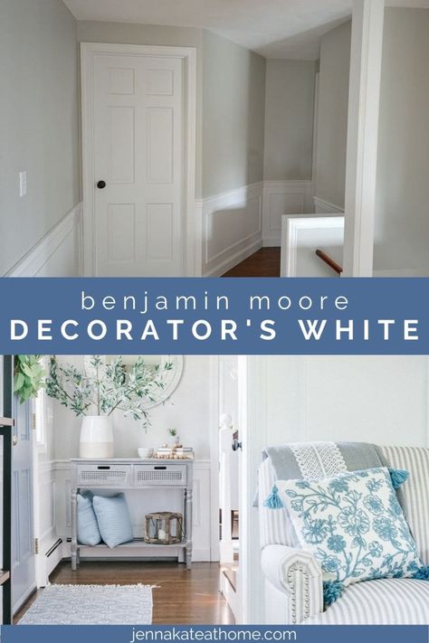 Looking for the perfect white paint for trim and doors? Benjamin Moore Decorator's White is a bright white, without being stark. It works well in any lighting conditions and never feels too warm or cold! Decorator White Benjamin Moore Walls, Decorators White Benjamin Moore Walls, Decorator White Benjamin Moore, Paint For Trim And Doors, White Paint For Trim, Benjamin Moore Decorators White, Paint Hallway, Decorators White, White Benjamin Moore