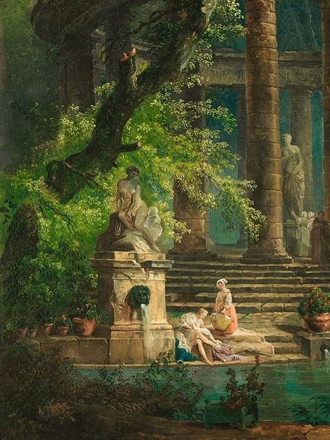 Bathing Pool Hubert Robert, The Bathing Pool, Hubert Robert, Rococo Painting, Cartoon Love Photo, Rennaissance Art, Classic Artwork, Famous Artwork, Landscape Art Painting