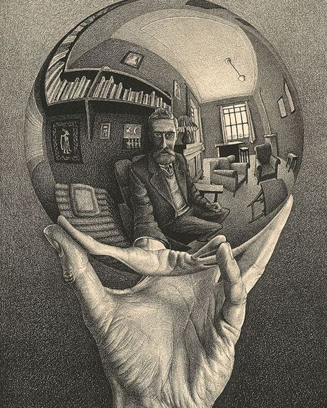 M. C. Escher Hand with reflecting sphere (Self-portrait in spherical mirror) January 1935 lithograph Escher Collection, Gemeentemuseum Den Haag, The Hague, the Netherlands © The M. C. Escher Company, the Netherlands. All rights reserved Escher Hands, Mc Escher Art, Escher Art, Between Two Worlds, Mc Escher, National Gallery Of Art, Dutch Artists, Popsicle Sticks, Op Art