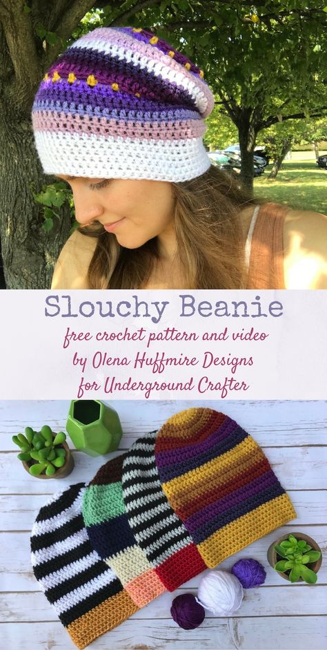 Free crochet pattern: Slouchy Beanie with video by Olena Huffmire Designs for Underground Crafter Slouchy Beanie Crochet Pattern Free, Crochet Slouchy Hat Free Pattern, Loose Beanie, Slouchy Hat Crochet Pattern, Beanie Slouchy, Amigurumi Giraffe, Crochet Slouchy Beanie, Slouchy Hats, Crochet Slouchy Hat