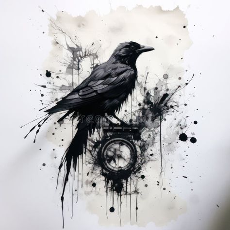 A Gothic Scene of a Crow on a Clock, Set Against a White Backdrop with Ink Splashes. Suitable for Album Art, Merchandise Stock Image - Image of splashes, crow: 301337189 Crow Art Dark, Unique Tattoos With Meaning, Abstract Flower Tattoos, Cat Graphic Art, Rabe Tattoo, Crow Tattoo Design, Coordinates Tattoo, Black Bird Tattoo, Gothic Images