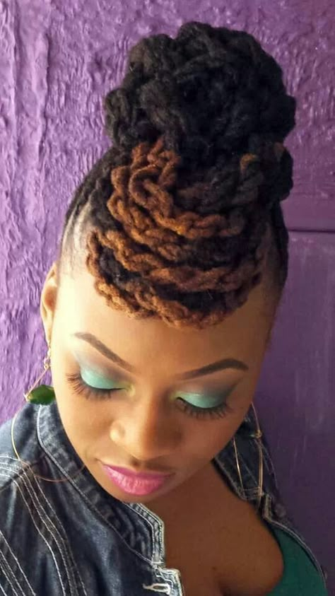 Loc Pinup Styles For Women, Dred Lock Styles For Women Mohawk, Barrel Updo Locs, Loc Barrel Ponytail, Barrel Roll Updo Locs, Medium Length Updo, Dreadlocks Hair Care, Hair And Skin Vitamins, Dreads Styles For Women