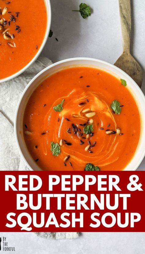 Squash And Pepper Recipes, Pepper Squash Soup, Butternut Squash Red Pepper Soup, Red Pepper Butternut Squash Soup, Roasted Red Pepper Butternut Squash Soup, Pepper Squash Recipes, Roasted Squash Soup Recipes, Roasted Veg Soup, Butternut Squash Toast