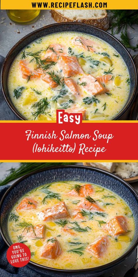 Warm up with this authentic Finnish Salmon Soup (lohikeitto) recipe! Creamy broth, tender salmon, and fresh vegetables come together for a cozy meal. Perfect for chilly evenings, this salmon dish is a delightful addition to your collection of salmon recipes. Enjoy a taste of Finland at home! Finnish Salmon Soup, Salmon Potatoes, Salmon Soup, Salmon Dishes, Broth Recipes, Cozy Meals, Hearty Meals, Fresh Vegetables, Salmon Recipes